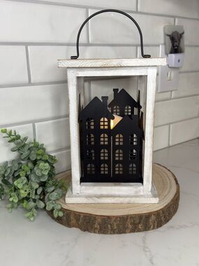 White Wooden Lantern with Black Metal House Insert - Home Accents